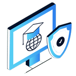Illustration for a Home Page header: a computer monitor displays a globe with a graduation cap, beside a shield with a checkmark, symbolizing secure online education.
