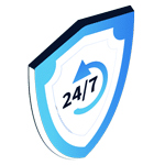 A blue and white shield icon with 24/7 and a circular arrow in the center, perfect for a Home Page Header to represent around-the-clock protection or security.