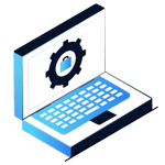 An illustration of an open laptop displaying a gear with a padlock icon on its screen, perfect for a Home Page or Header to symbolize cybersecurity or secure settings.
